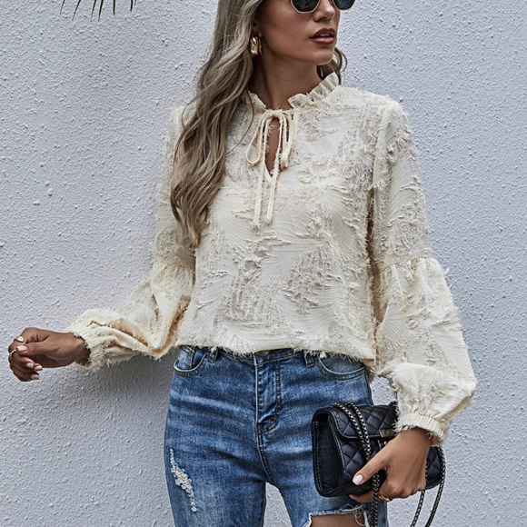 cream front tie feather neck tie long sleeve top - Picture 5 of 7